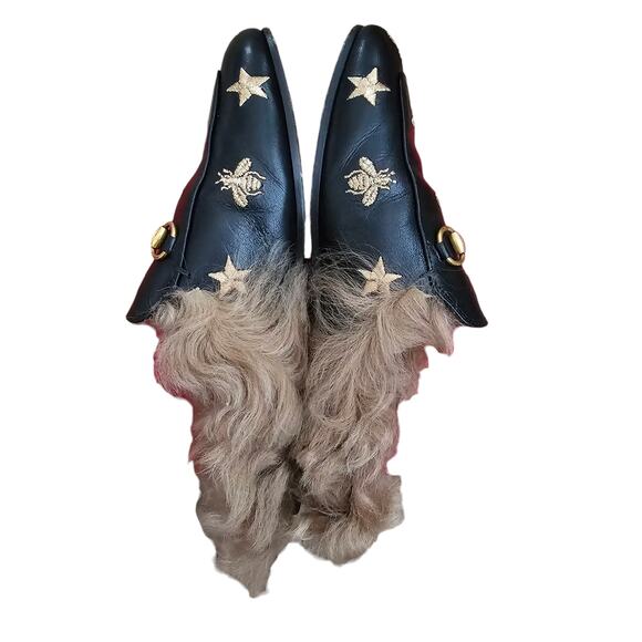 Gucci Princetown Horsebit Bee Mule Flat Fur Lined Size 36 US 6 Black Leather - Picture 3 of 8